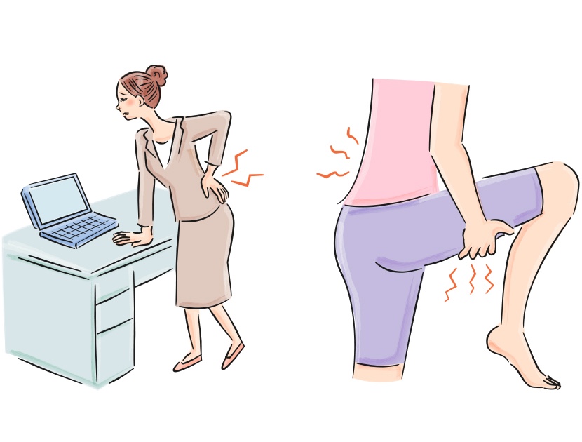 腰の痛みを抱える女性と太ももの痛みに悩む女性のイラスト