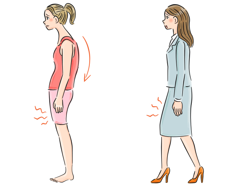 背中が曲がっている女性とヒールを履いている女性のイラスト