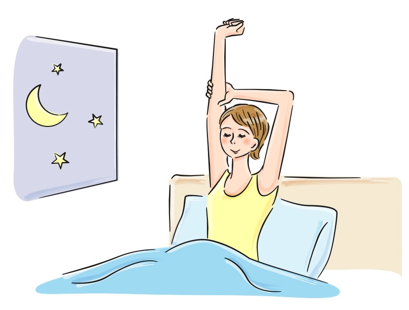 就寝前に腕を伸ばすストレッチをする女性のイラスト