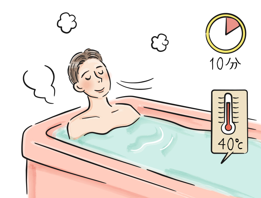 湯船に浸かり、深呼吸している男性