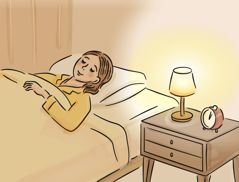 間接照明をつけて横になる女性のイラスト