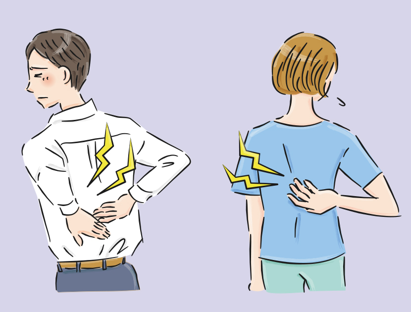 背中に痛みを感じている男女のイラスト