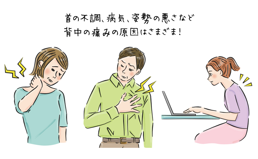 首の不調を感じている女性、胸の痛みを感じている男性、猫背でパソコンを見る女性のイラスト