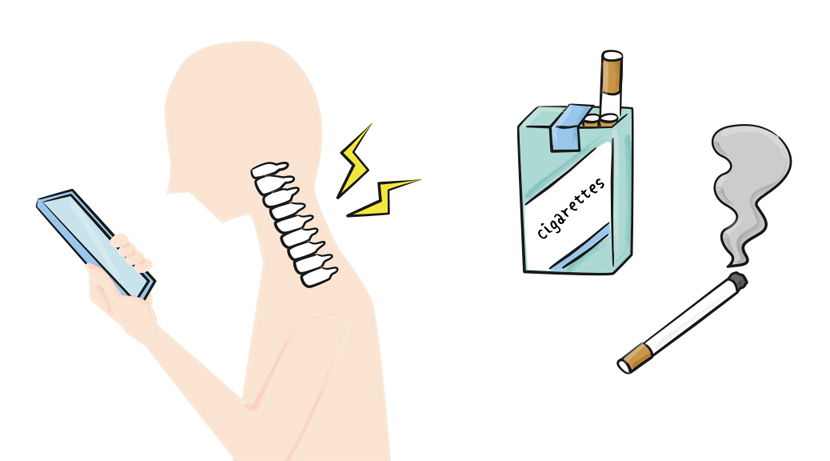 姿勢やたばこなど、背中の痛みやこりの原因となる生活習慣のイラスト 