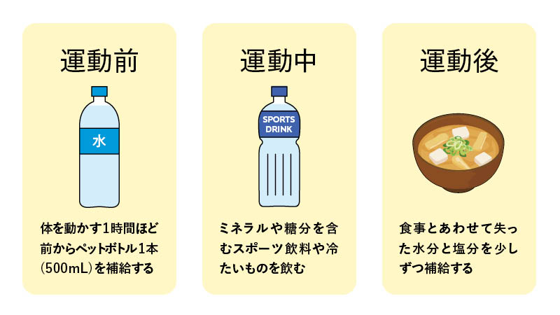 運動前・運動中・運動後の水分補給方法を解説したイラスト